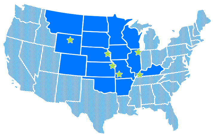 the shape of the united states in various blue shades. Dark blue indicates service areas of RAGE with green stars marking actual locations.