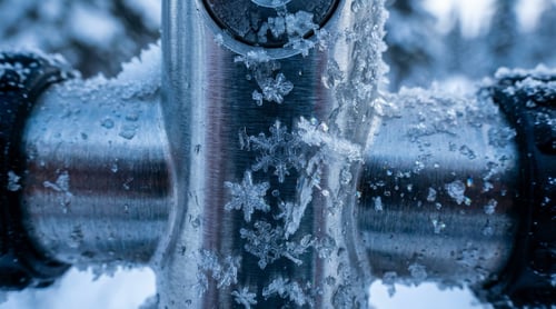 A close up of frost, small snowflakes and ice on a shiny metal pipe in the winter.