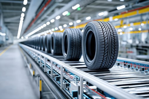 A long line of newly manufactured vehicle tires moving along a metal roller conveyor belt inside a brightly lit, modern production facility.