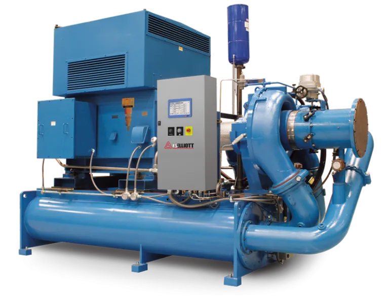 Large blue Elliott centrifugal chiller used for industrial cooling applications, featuring a compressor, motor housing, control panel, and refrigerant piping.