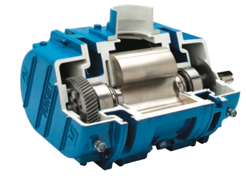 Cutaway view of a Tuthill rotary lobe blower showing internal rotors, gears, and housing for industrial air and gas movement applications.