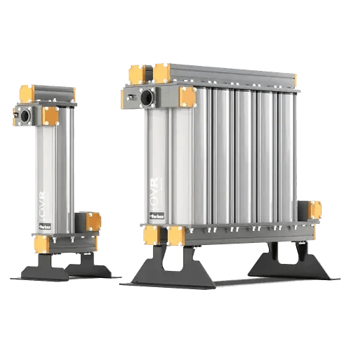 Parker OVR series compressed air filters with modular aluminum housing, designed for high-efficiency air and gas filtration.