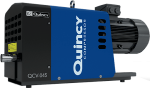 Quincy QCV-045 industrial vacuum pump featuring a blue and black housing with motor drive, designed for reliable vacuum system performance.