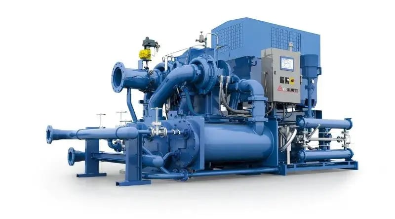 Elliott centrifugal chiller system featuring a blue compressor and control unit, designed for industrial cooling applications.