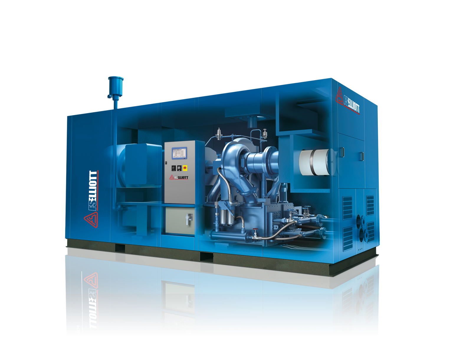 Elliott P500 centrifugal air compressor system with enclosed housing and visible internal compressor components for industrial air applications