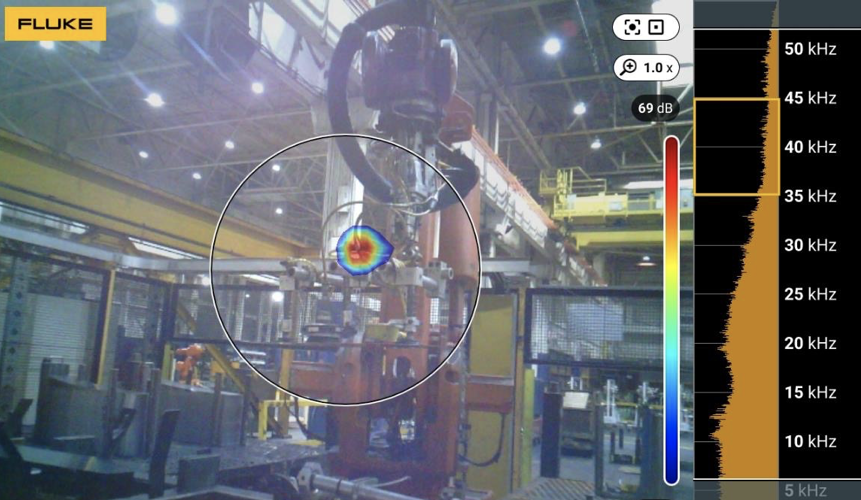 air leak findings on detector screen within automotive facility with compressed air